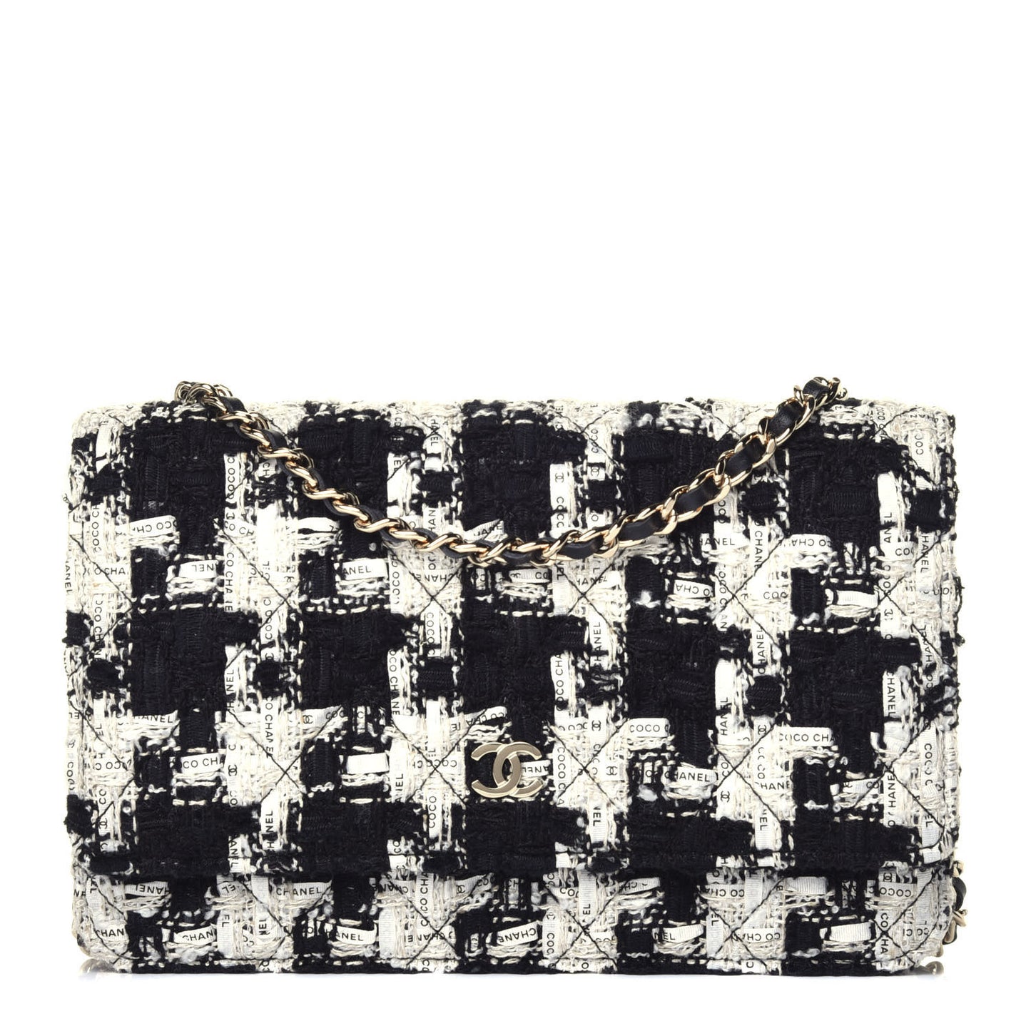 Tweed Quilted Wallet On Chain WOC Black Ecru White