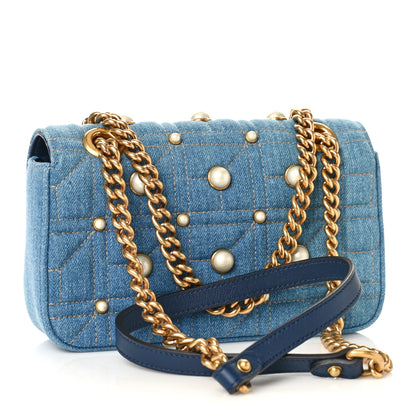 Gucci Denim Matelasse Pearl Studded Mini GG Marmont Shoulder Bag Blue 3 of 9