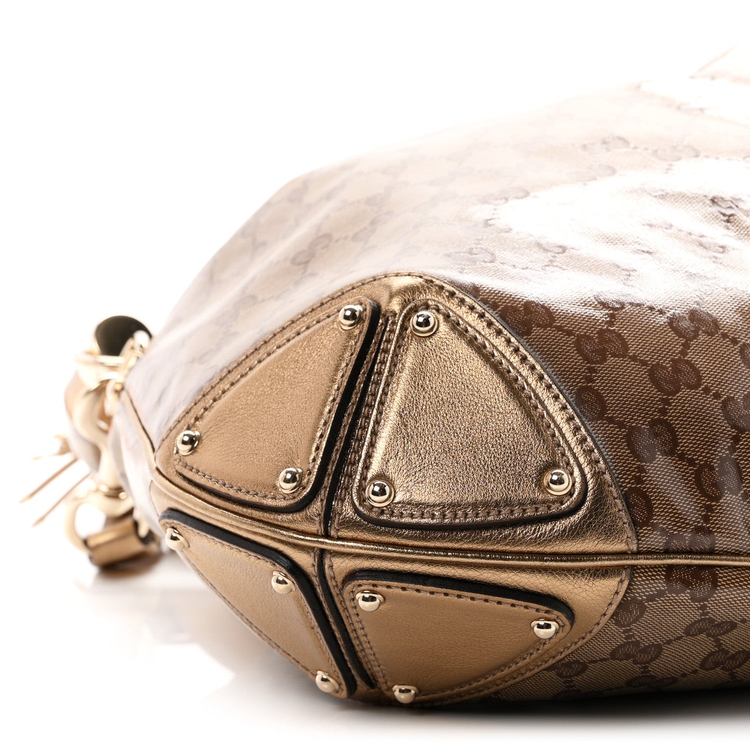 Gucci Crystal Monogram Metallic Calfskin Large Indy Top Handle Bag Beige Ebony Gold 8 of 10