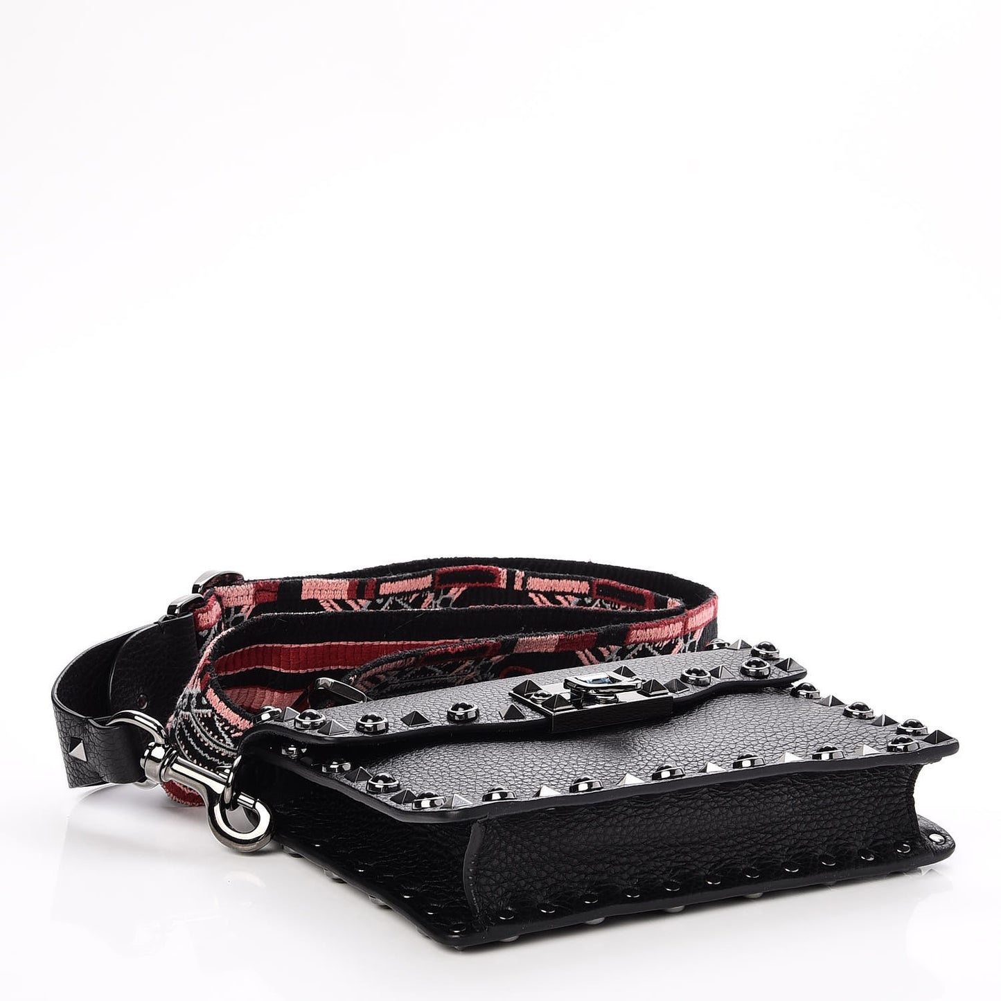 Calfskin Small Guitar Strap Rockstud Rolling Shoulder Flap Bag Black