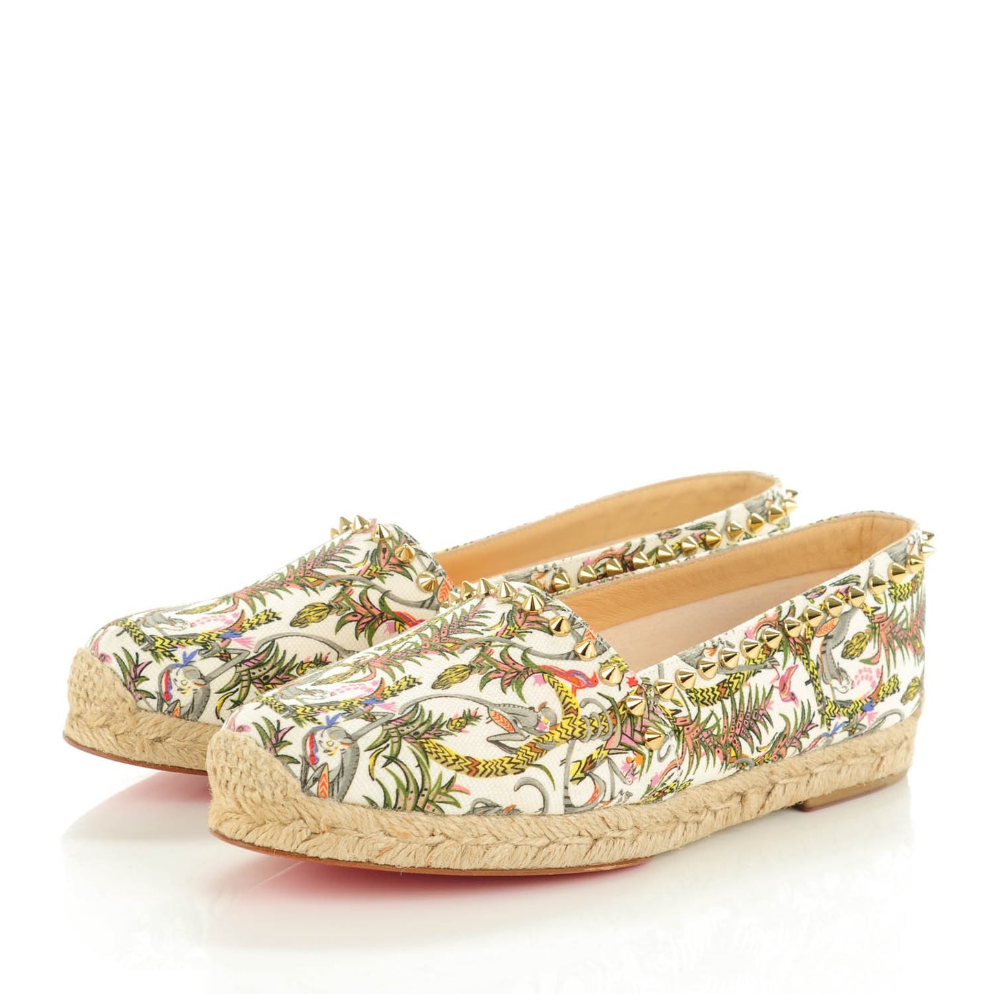 CHRISTIAN LOUBOUTIN Canvas Loubie Jungle Print Ares Spikes Flat Espadrille 38 Ivory