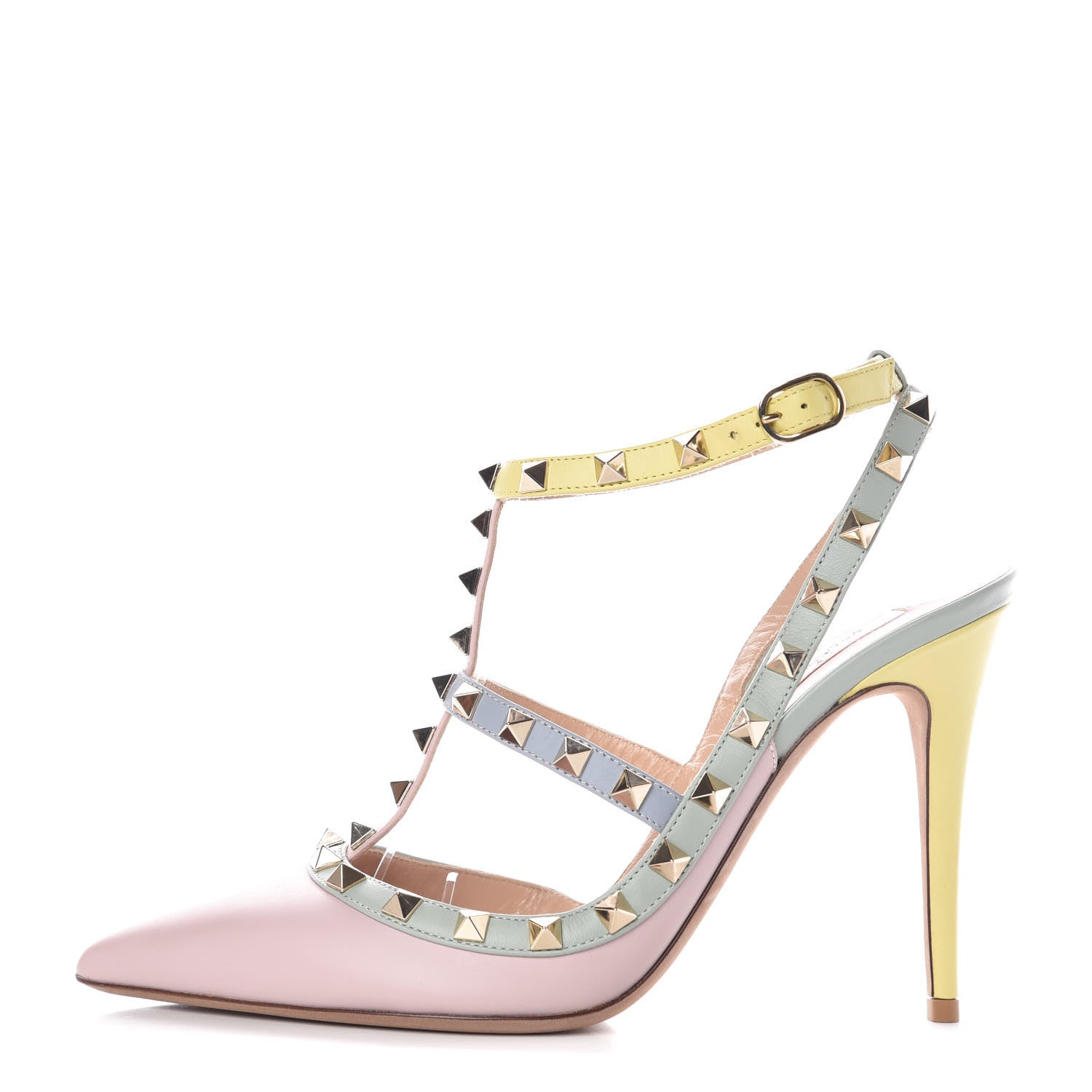 Valentino Garavani Nappa Watercolor Rockstud Ankle Strap 100mm Pumps 39.5 Rose Green Yellow Sky 1 of 8
