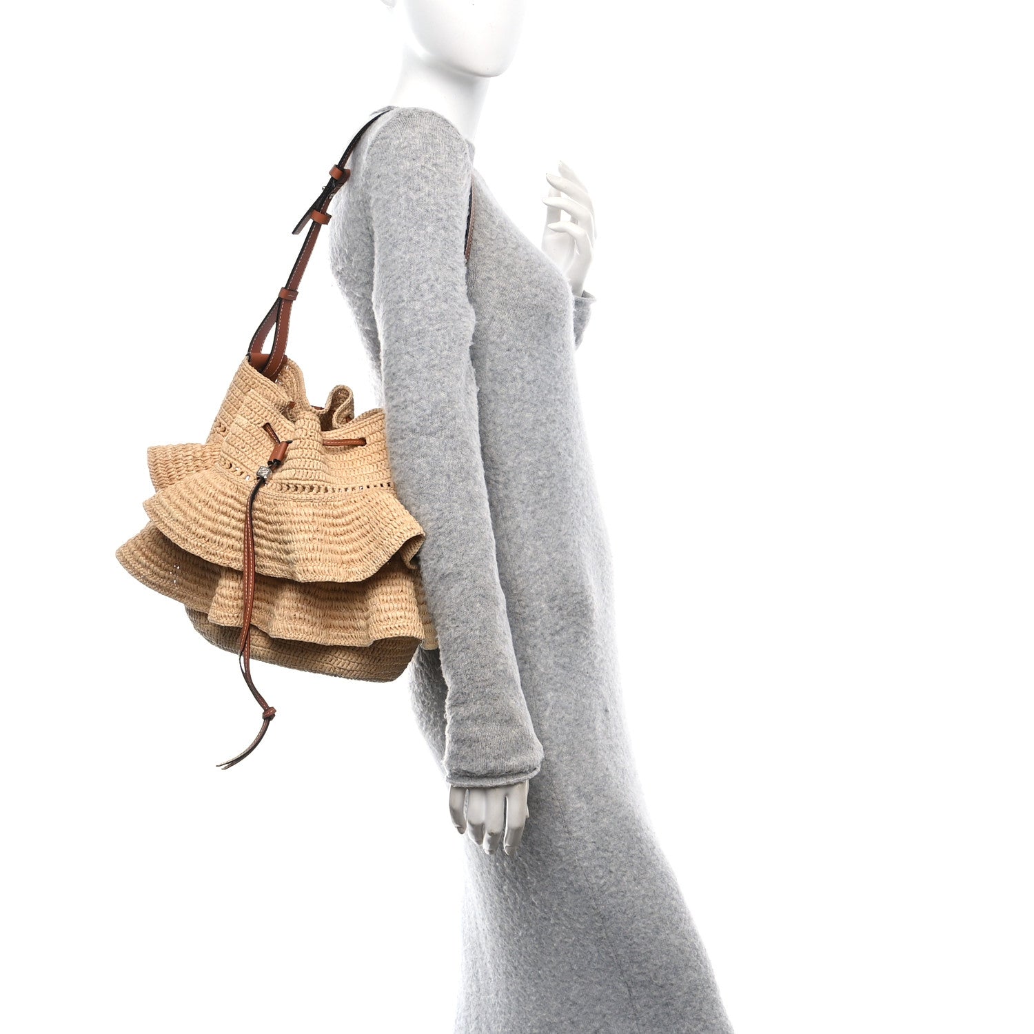 Loewe Raffia Calfskin Balloon Ruffles Bucket Bag Natural Tan 2 of 9