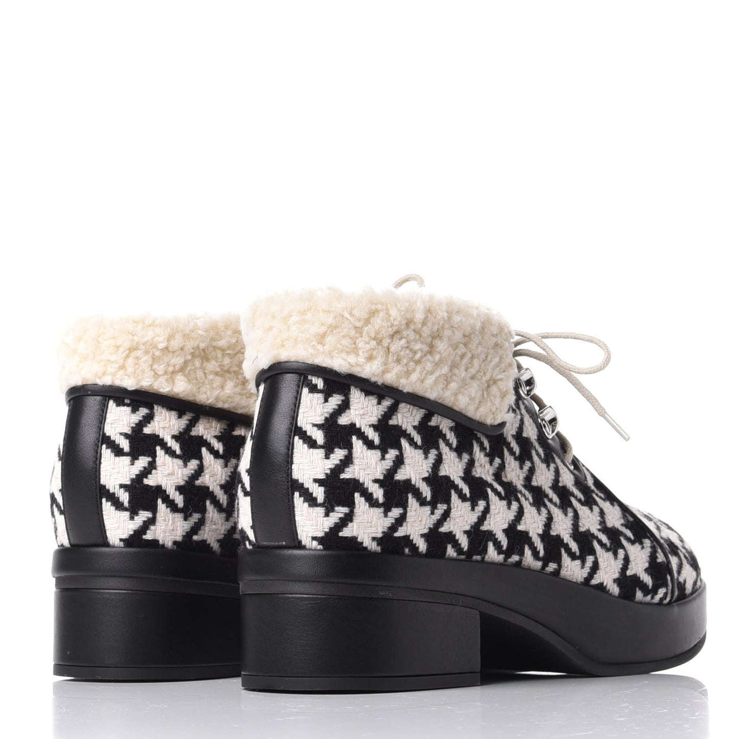Optical Tweed Faux Shearling Houndstooth Victor Lace Up Ankle Boots 37.5 White Black