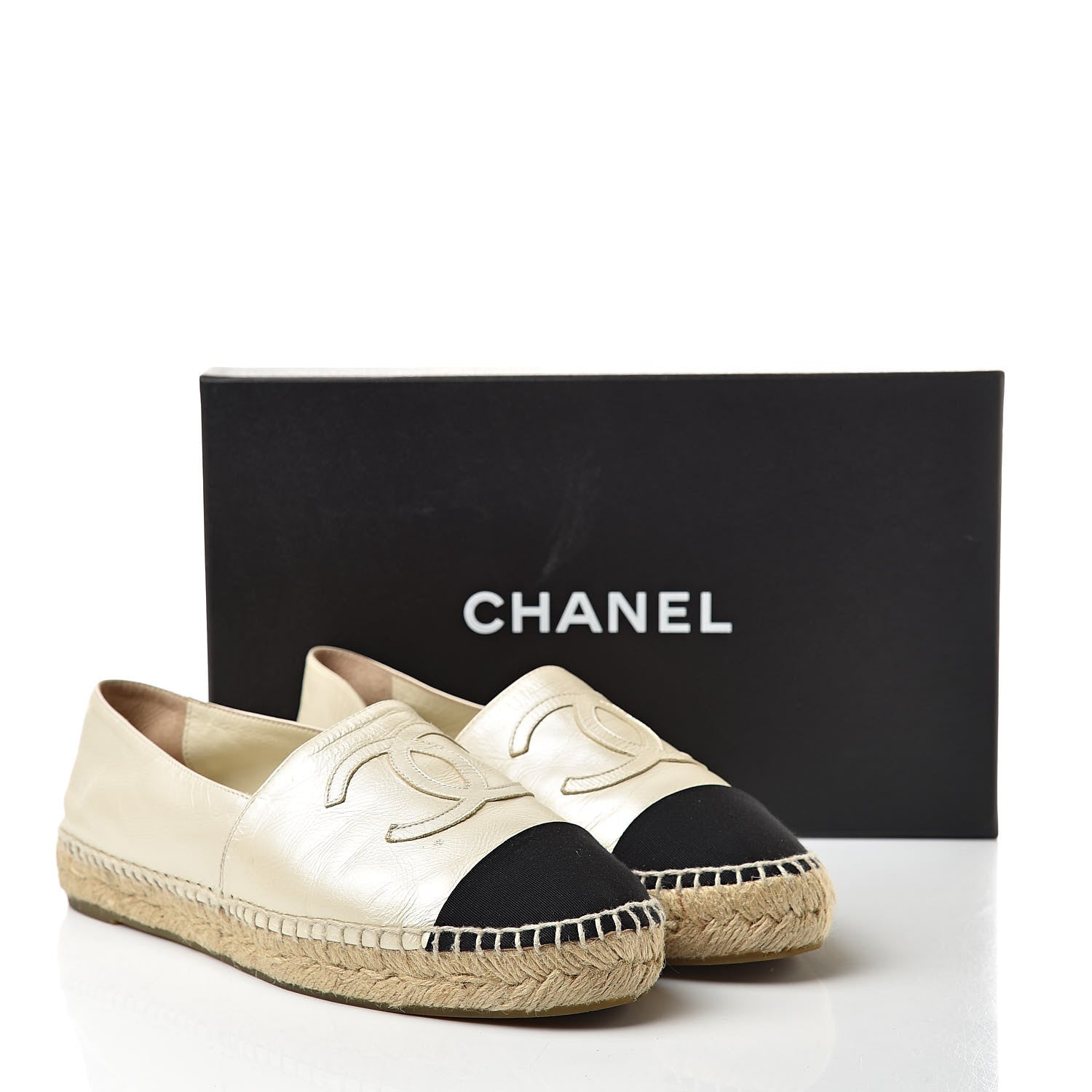 Chanel Metallic Calfskin Grosgrain CC Espadrilles 39 Ivory Black 13 of 13