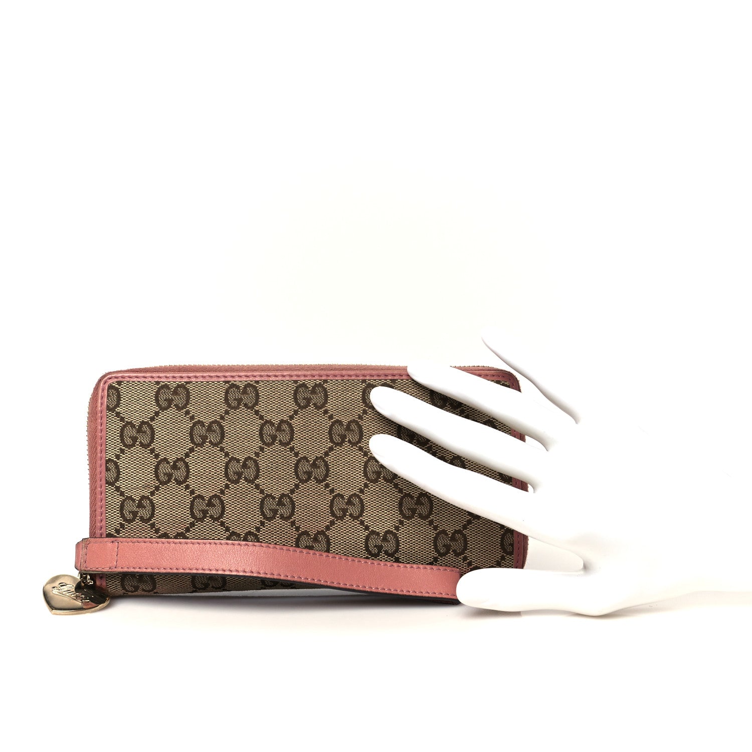 Gucci Monogram Heart Zip Around Wallet Wristlet Beige Pink 1777129