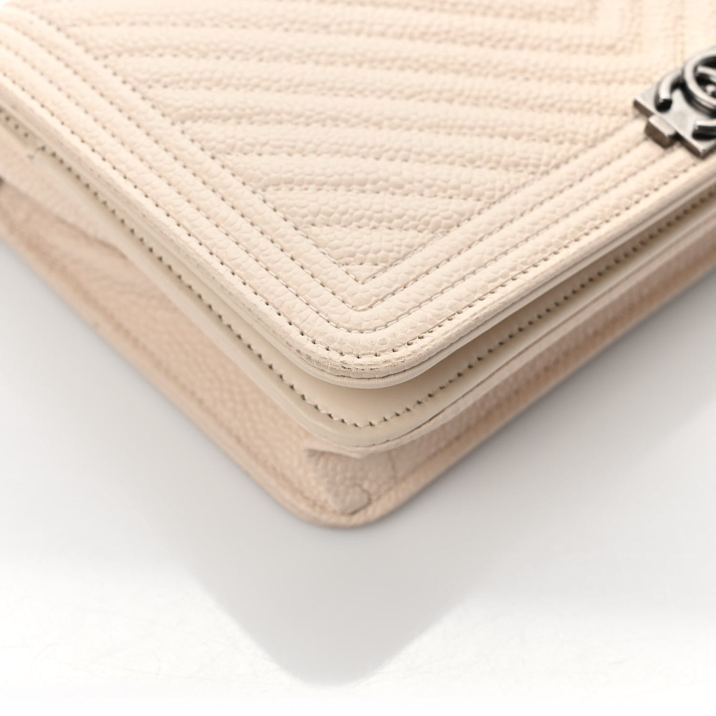 Caviar Chevron Quilted Boy Wallet On Chain WOC Light Beige