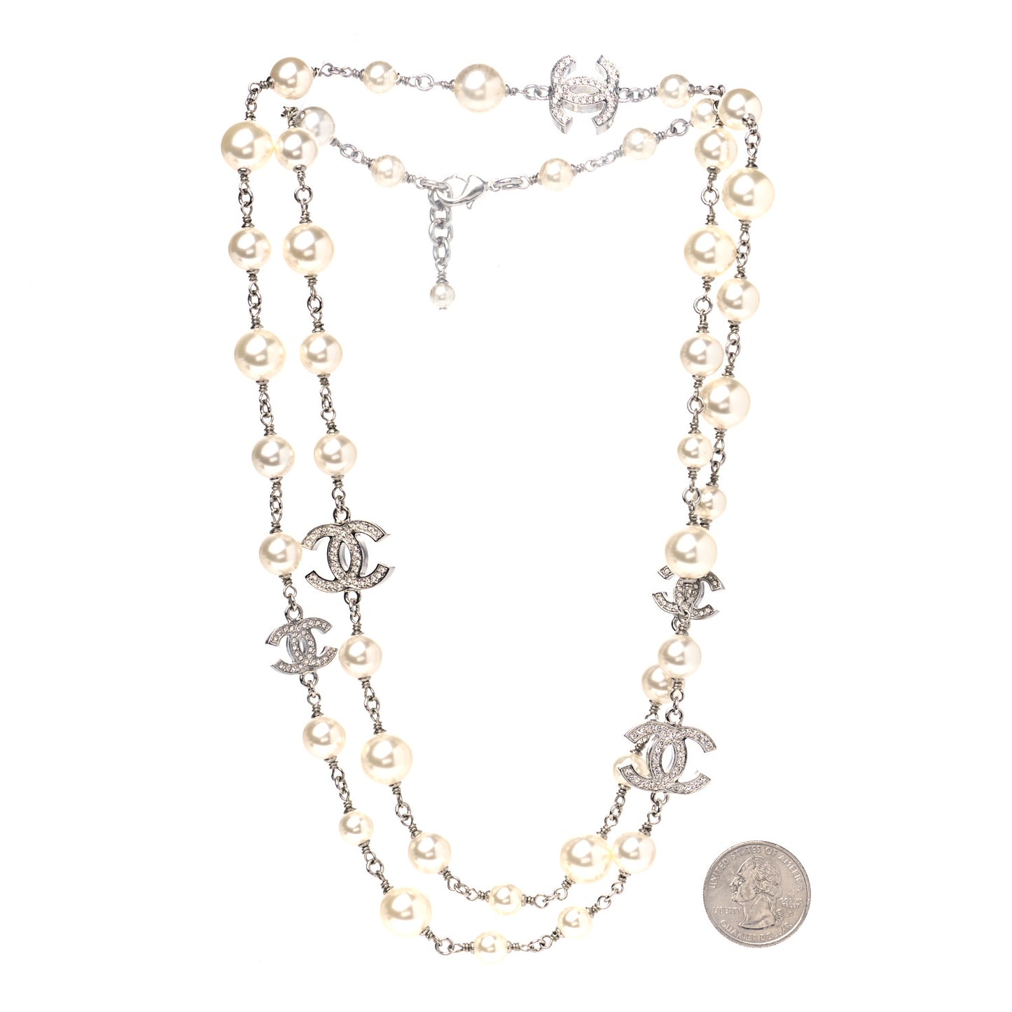 Crystal Pearl CC Long Necklace Silver