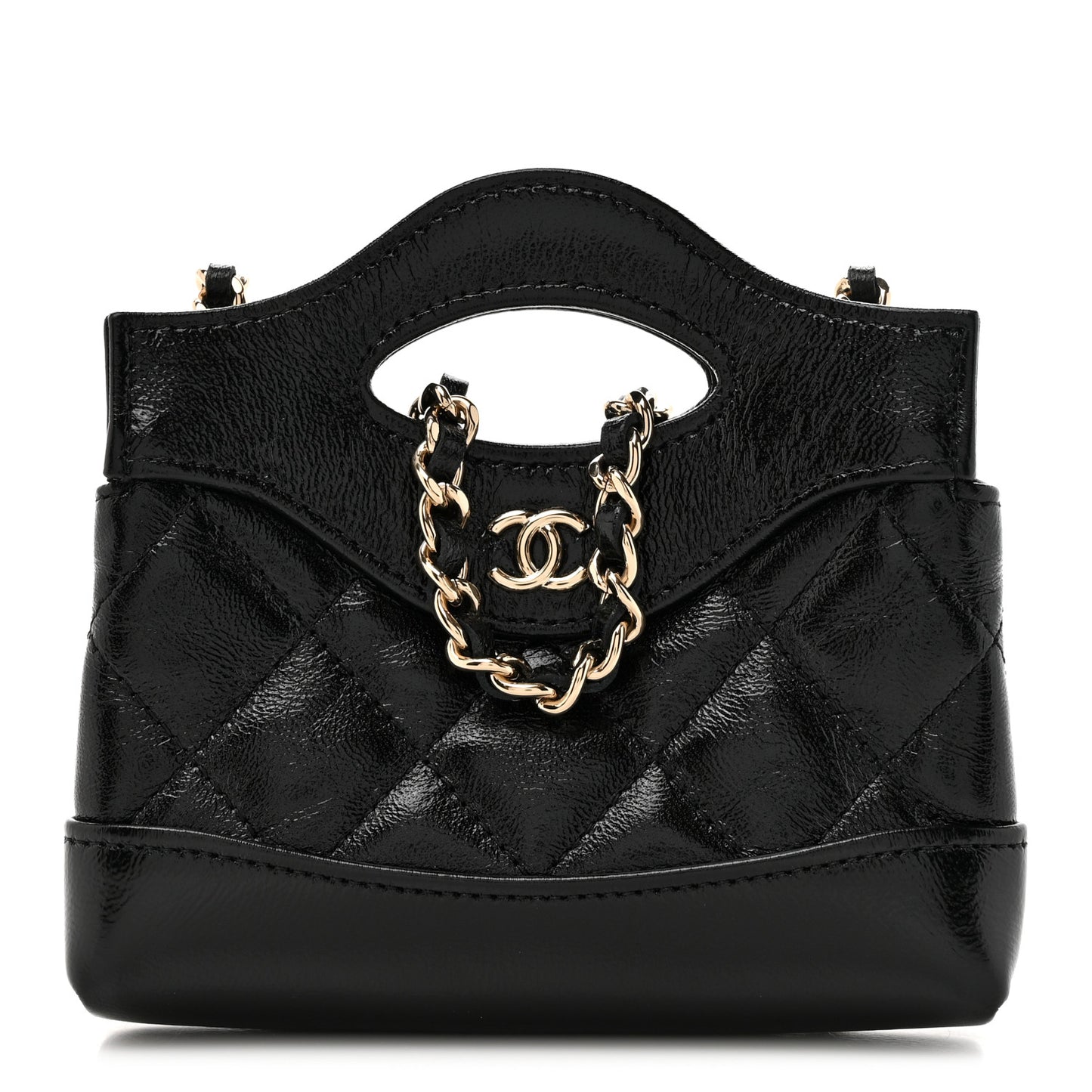 Shiny Lambskin Quilted Micro 31 Clutch With Chain Black