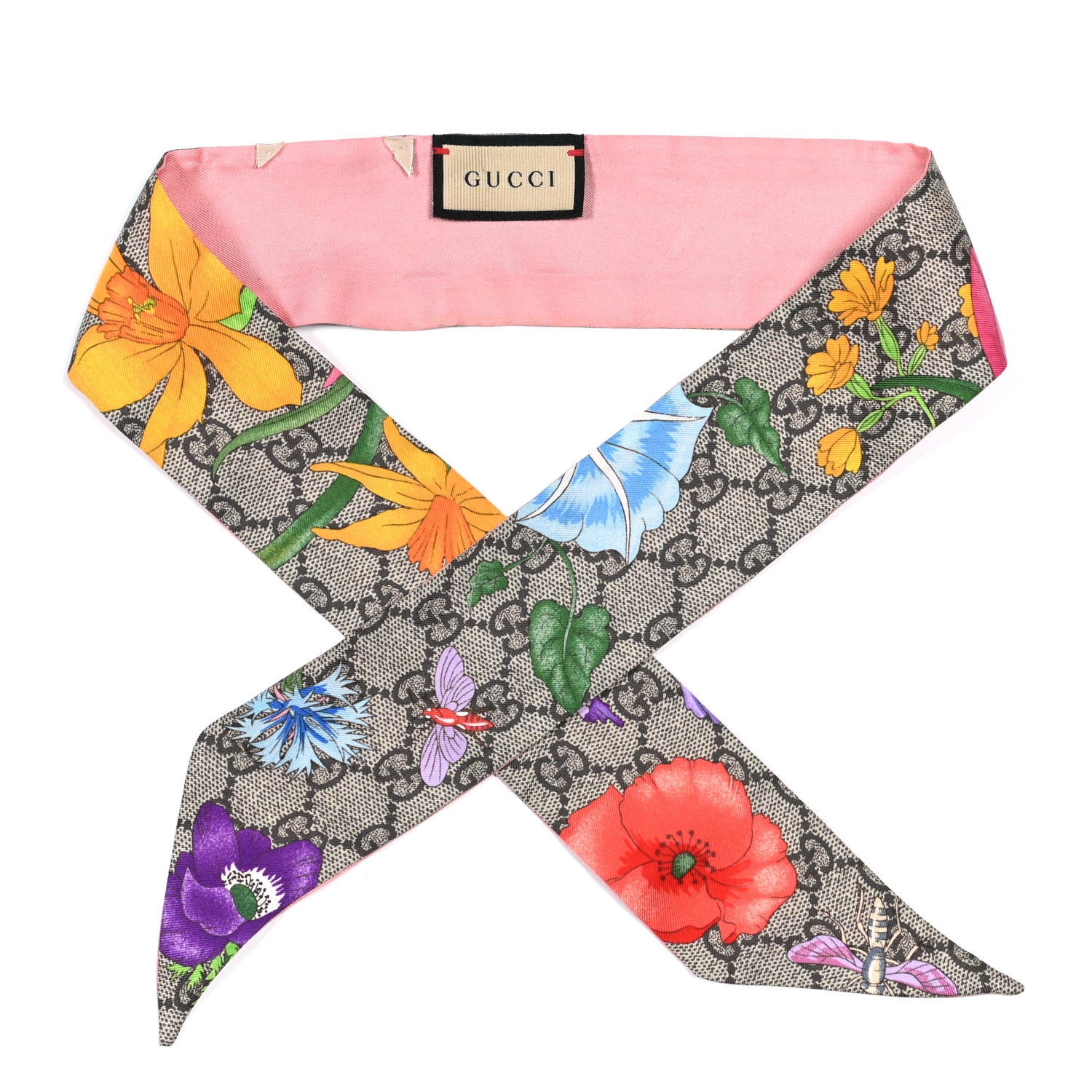 Gucci Silk Twill GG Monogram Special Flory Neck Bow Scarf Beige Pink 1 of 3