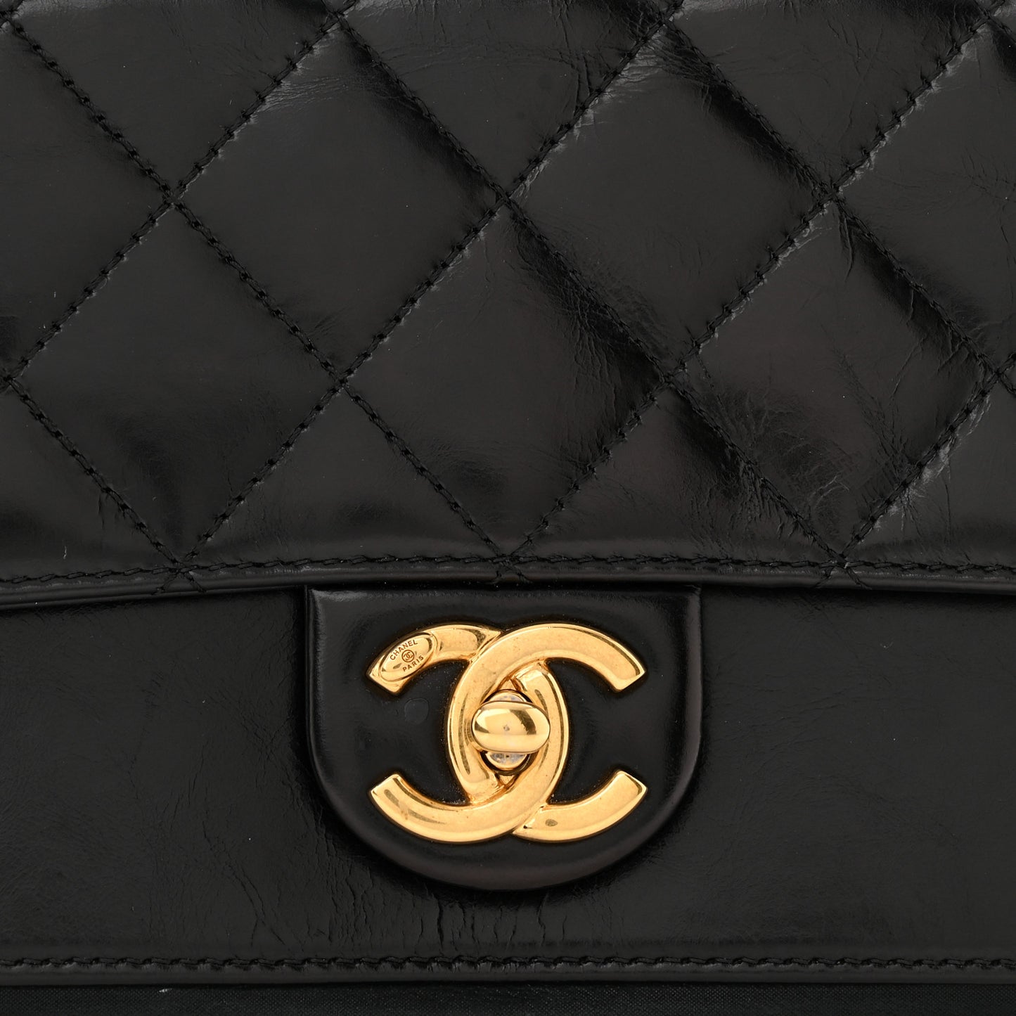 Glazed Calfskin Quilted Small Straight Lined Flap Black
