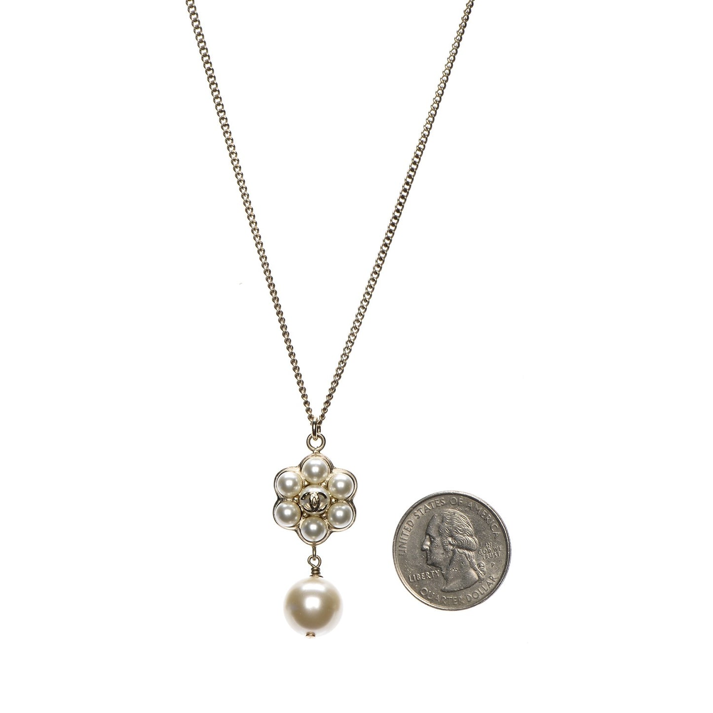 Pearl CC Drop Necklace Gold