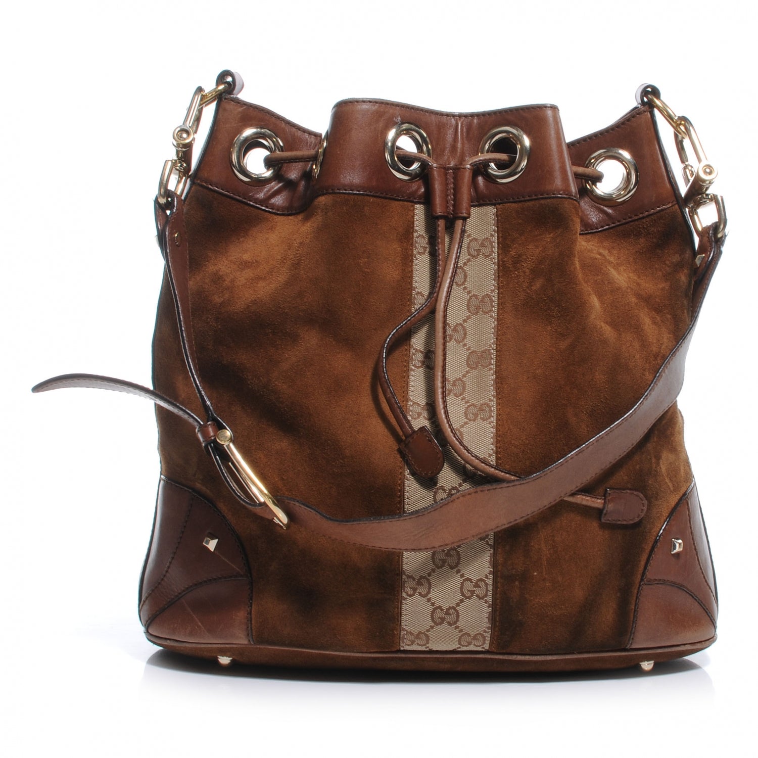 Gucci Suede Monogram Drawstring Shoulder Bag Brown 1 of 14