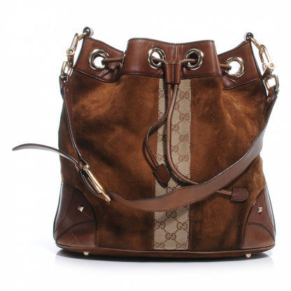 Gucci Suede Monogram Drawstring Shoulder Bag Brown 1 of 14