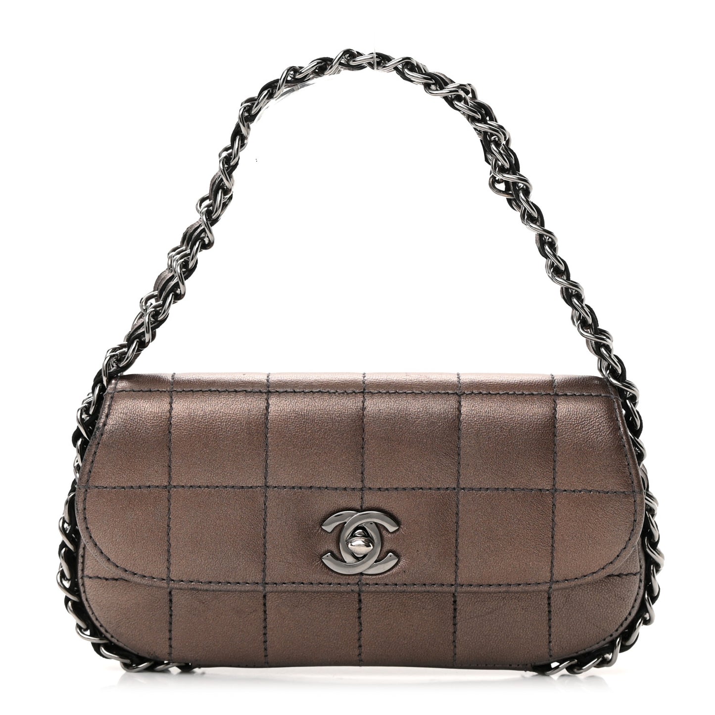 Metallic Lambskin Quilted Chocolate Bar 3 Chain Flap Bronze