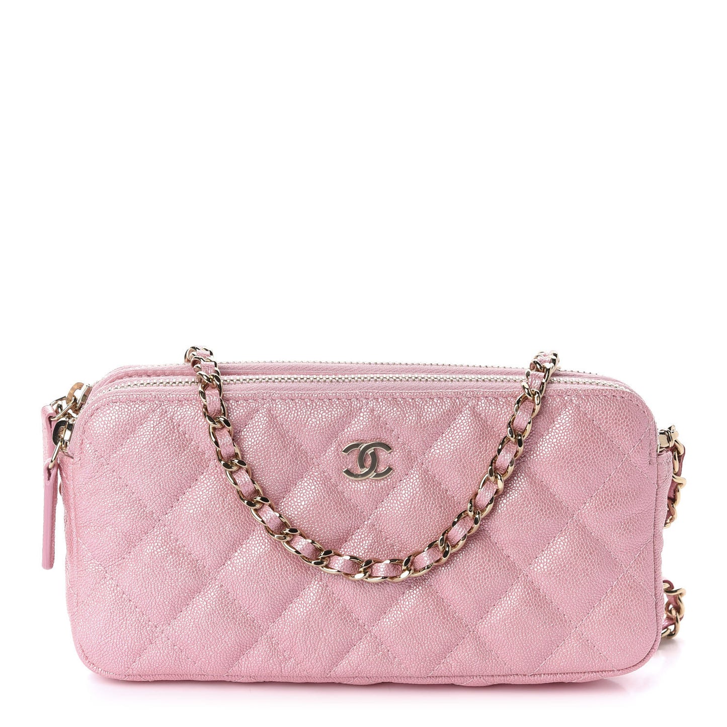 Iridescent Caviar Quilted Small Clutch With Chain Pink