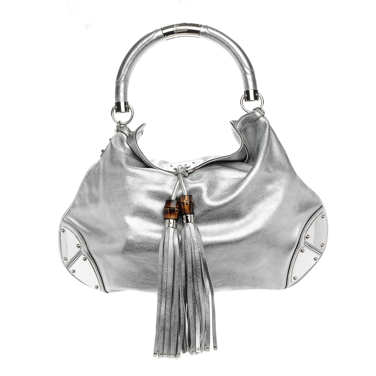Metallic Calfskin Large Indy Top Handle Hobo Silver