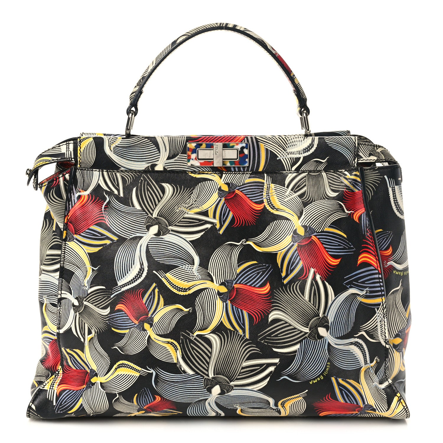 Fendi Calfskin Orchid Large Peekaboo Iconic Satchel Black Multicolor 1 of 9