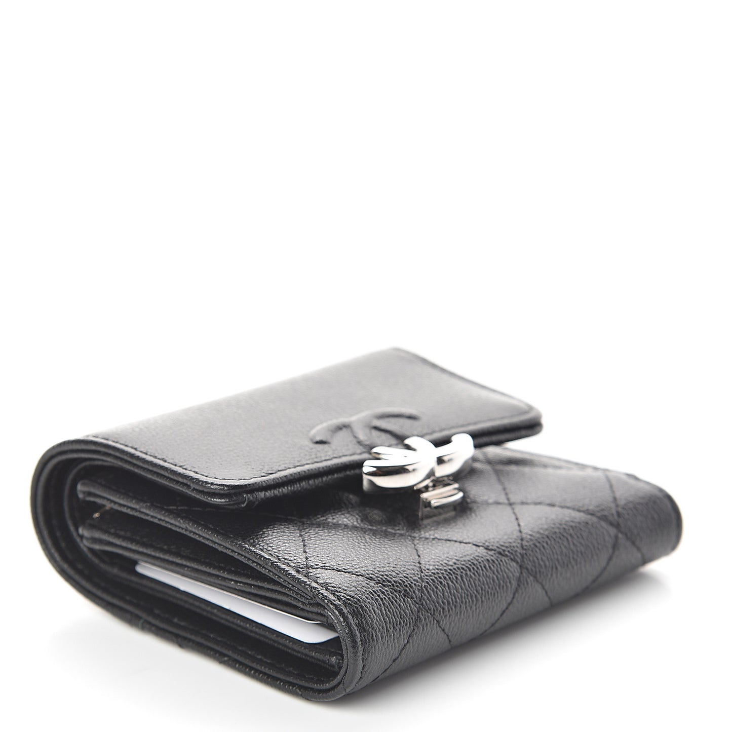 Grained Calfskin Quilted CC Box Compact Flap Wallet Black
