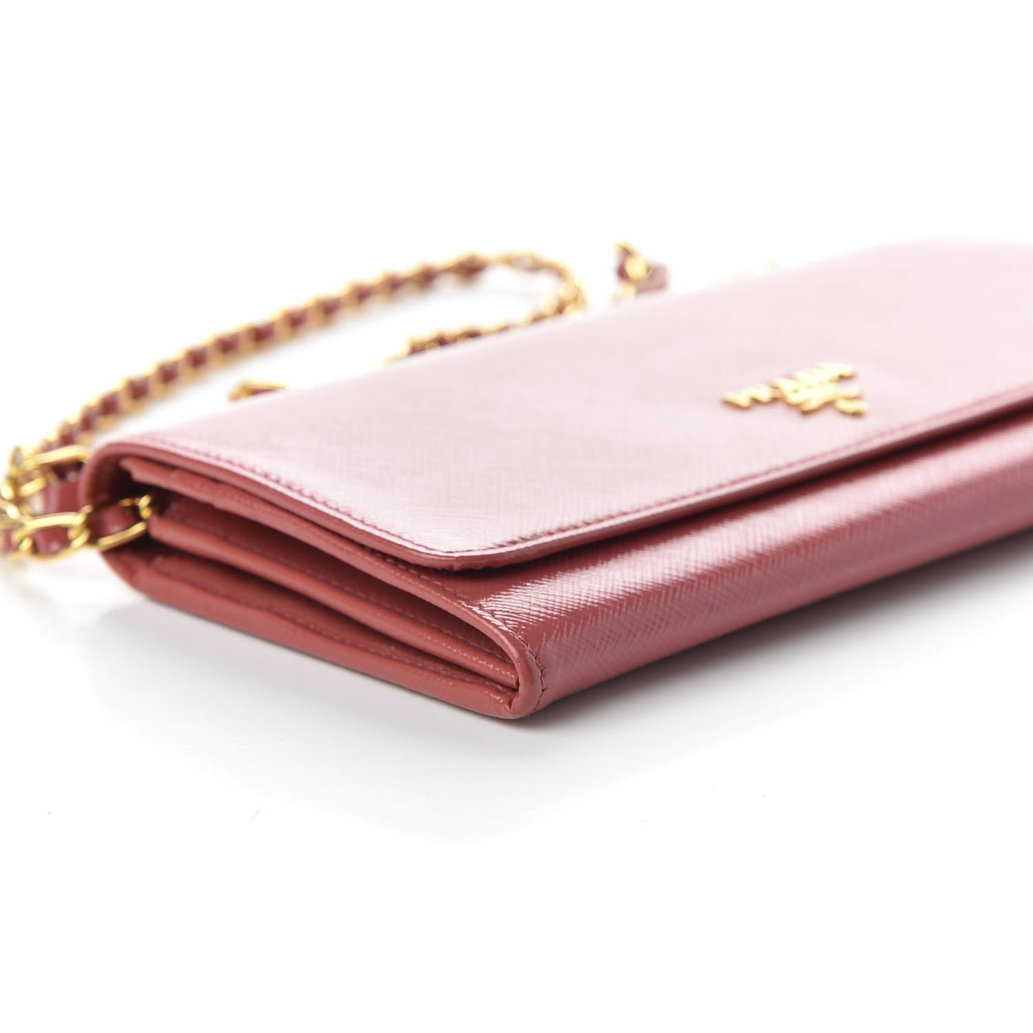 Prada Saffiano Vernice Metal Oro Chain Wallet Fragola 6 of 11