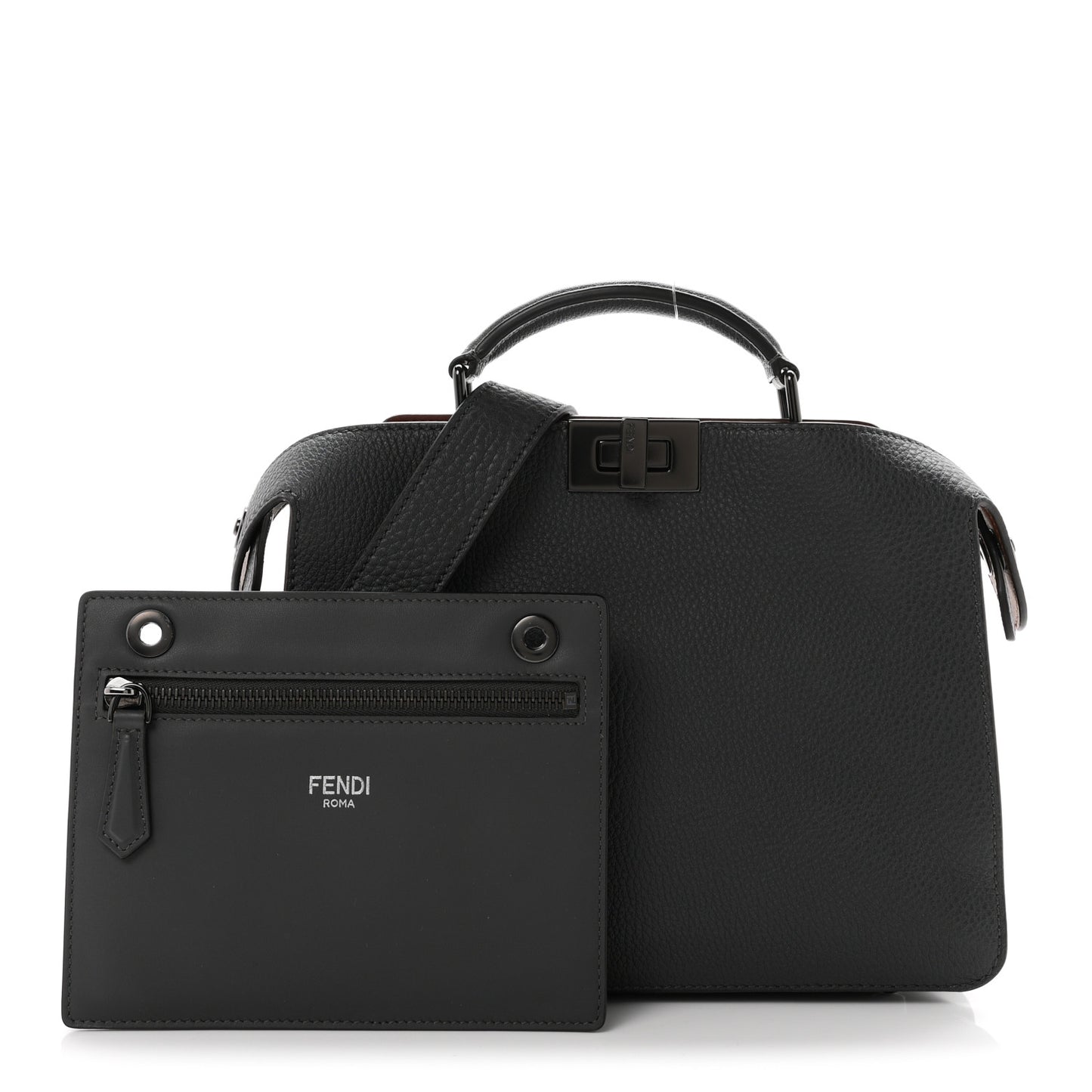 Cuoio Romano Vitello Cover Glazed Fabric Bi-Color FF 1974 Mini Peekaboo I SEE U Satchel Asfalto Praline Tobacco Moro