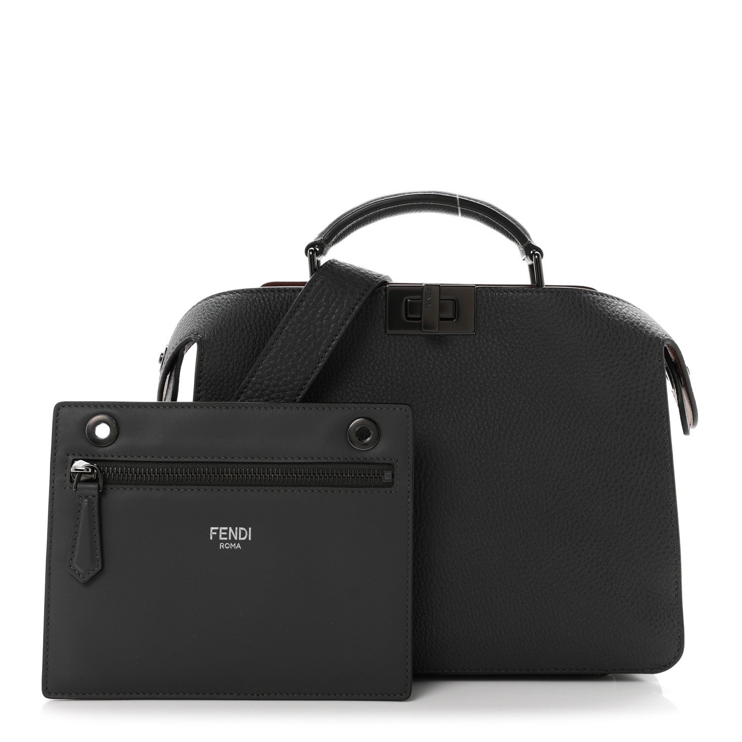 Fendi Cuoio Romano Vitello Cover Glazed Fabric Bi-Color FF 1974 Mini Peekaboo I SEE U Satchel Asfalto Praline Tobacco Moro 3 of 11