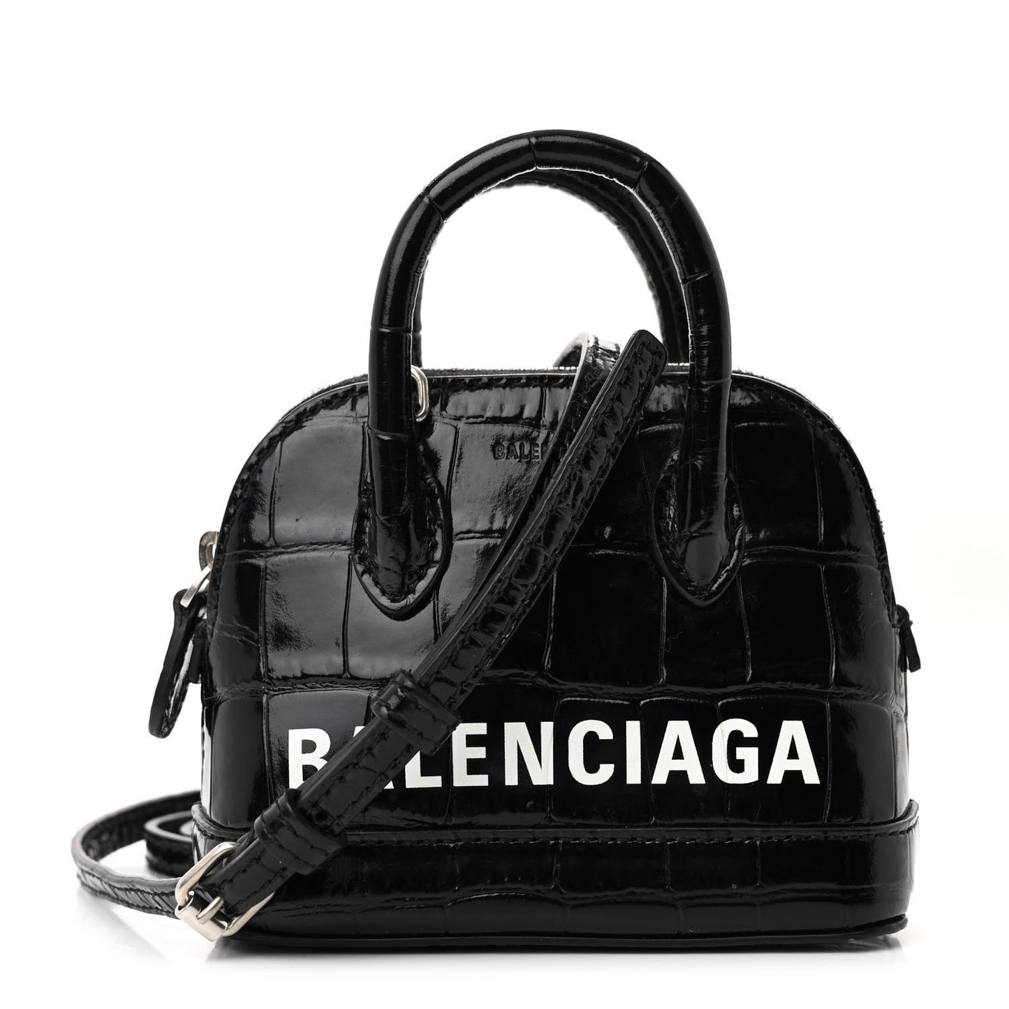 Shiny Calfskin Logo Crocodile Embossed Mini Ville Top Handle Bag Black
