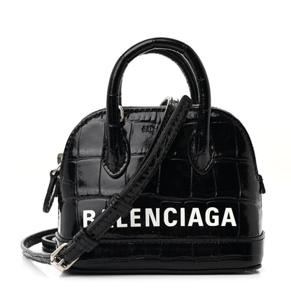 Balenciaga Shiny Calfskin Logo Crocodile Embossed Mini Ville Top Handle Bag Black 1 of 11