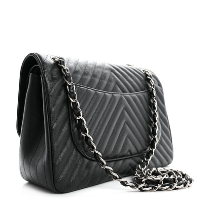 Chanel Iridescent Caviar Chevron Quilted Jumbo Double Flap Black 3 of 10