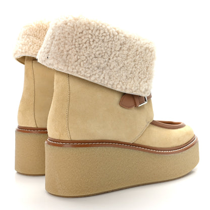 Hermes Suede Shearling Womens Hemisphere Ankle Boots 37.5 Beige Palomino 4 of 8