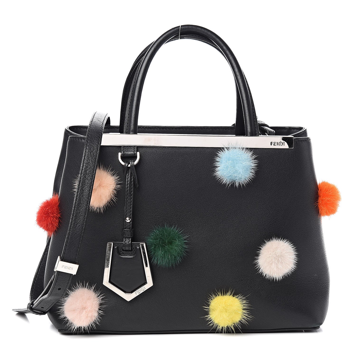Fendi Vitello Dolce Mink Fur Pom Pom Petite 2Jours Tote Black Multicolor 1 of 10