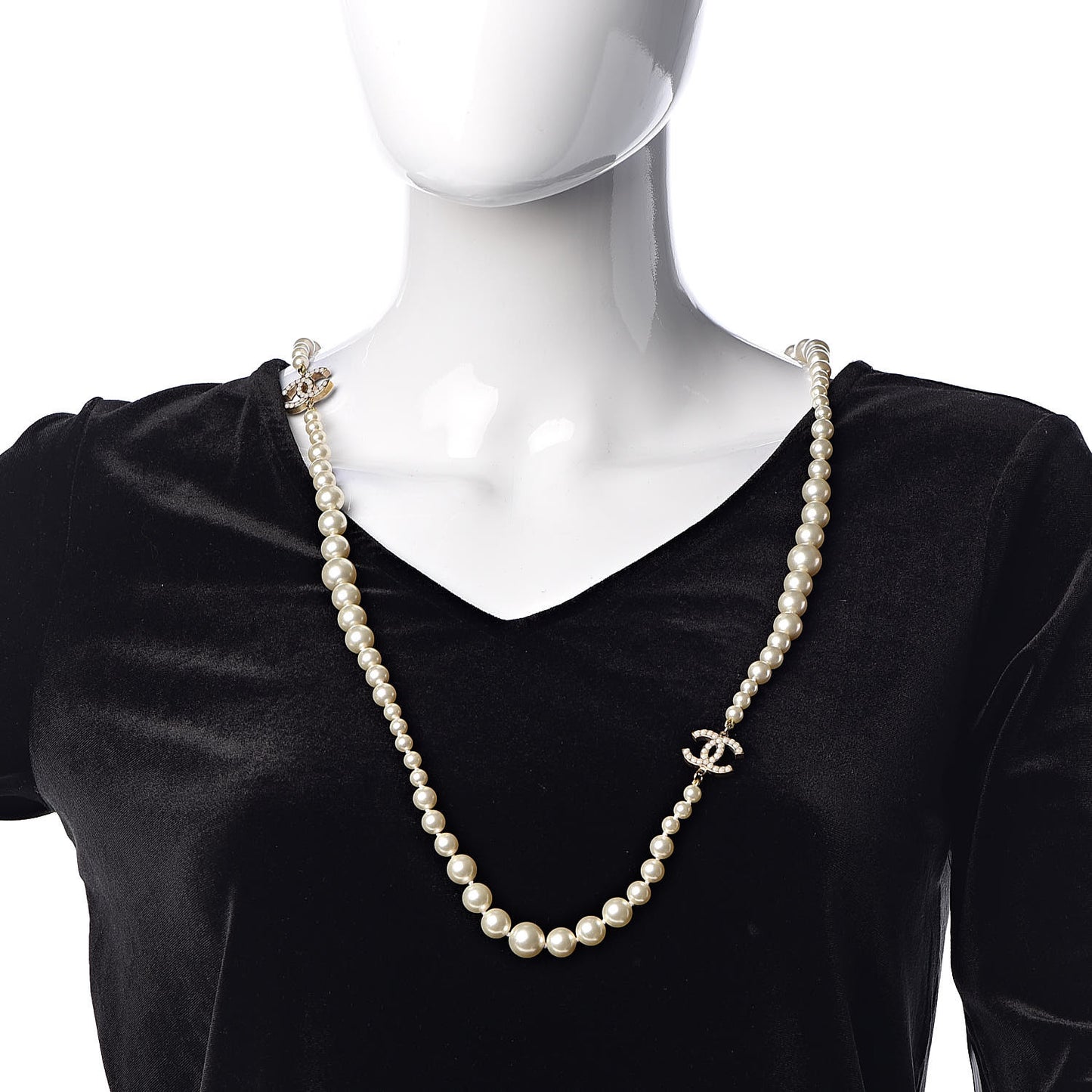 Graduated Pearl CC Long Necklace Light Gold