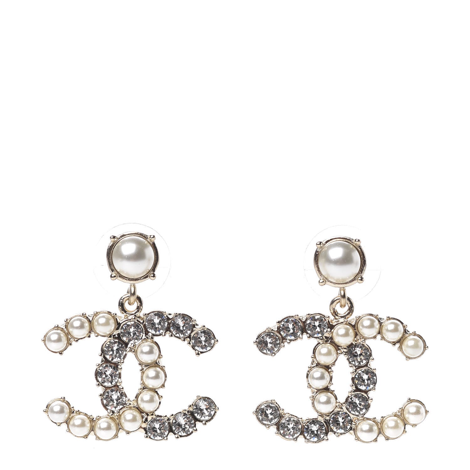 Chanel Crystal Pearl Dazzling Domino CC Drop Earrings Gold 1 of 5