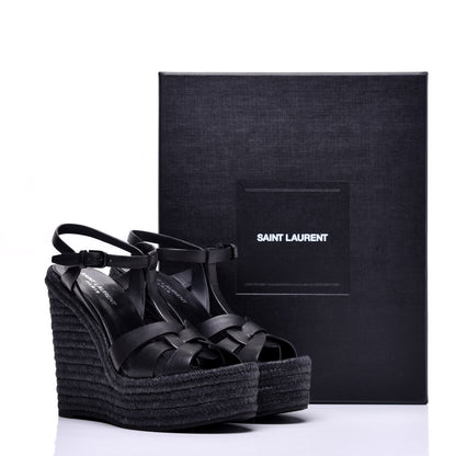 Saint Laurent Calfskin Tribute 95 Platform Espadrille Wedge Sandals 38.5 Black 9 of 9