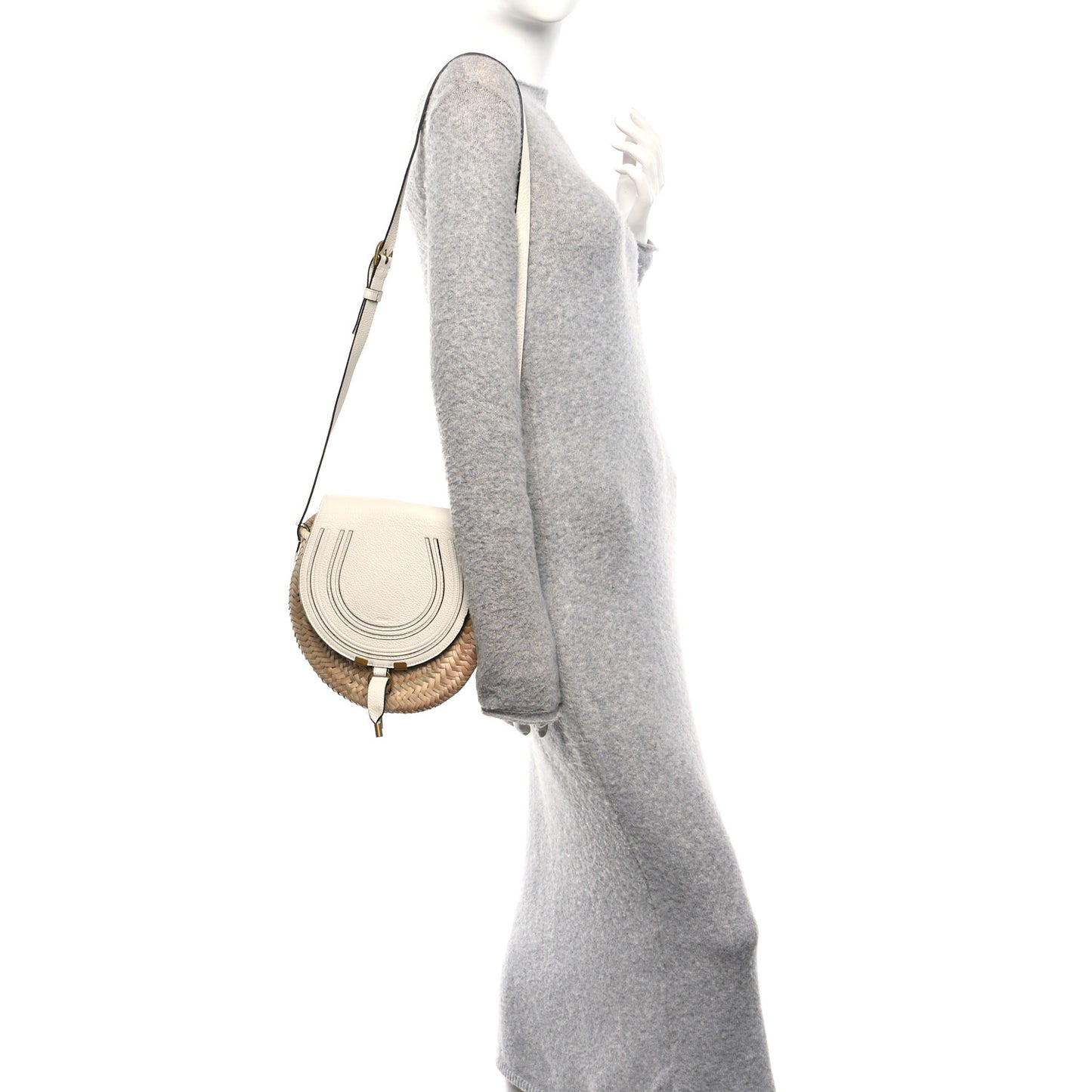 Raffia Small Grain Calfskin Small Marcie Basket Crossbody White