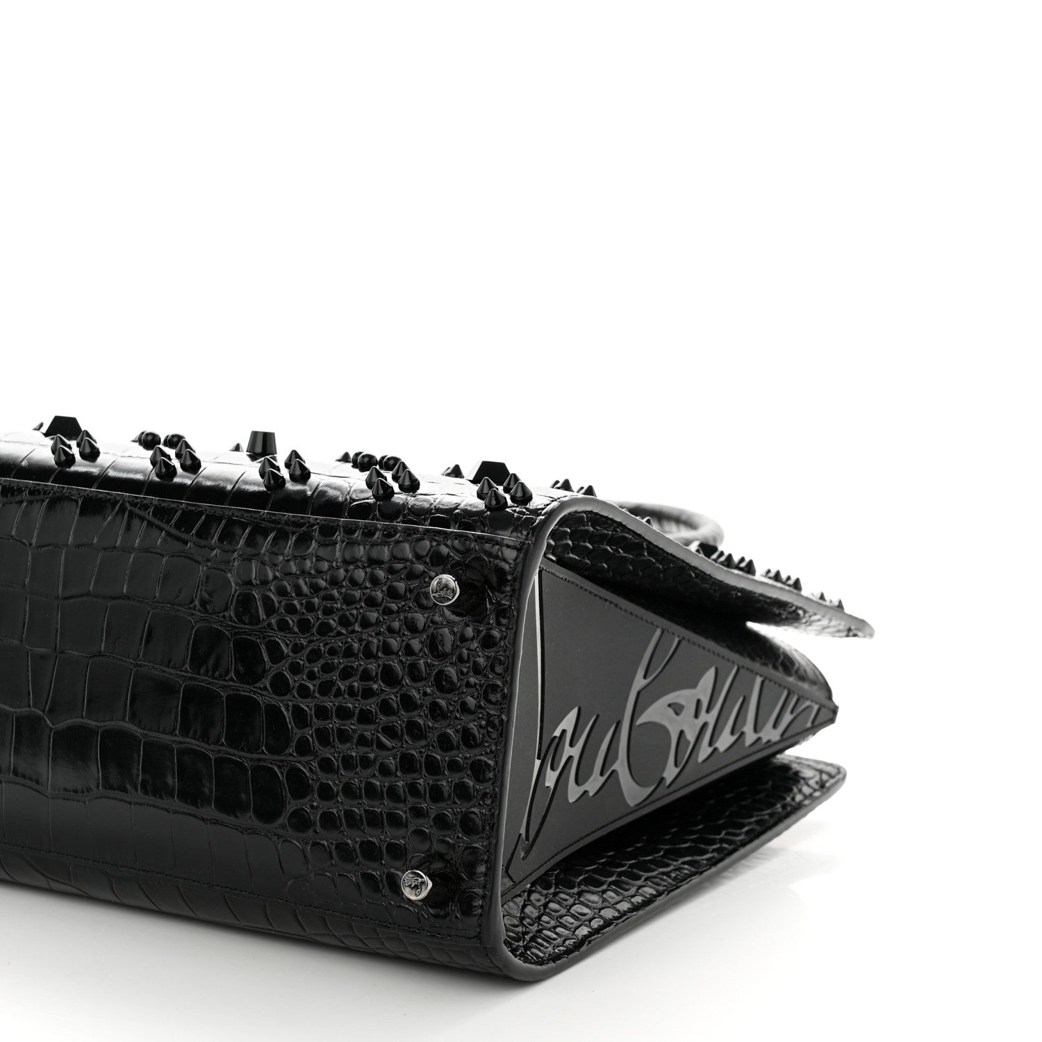 Christian Louboutin Calfskin Crocodile Embossed Studded Medium Paloma S Black 10 of 11