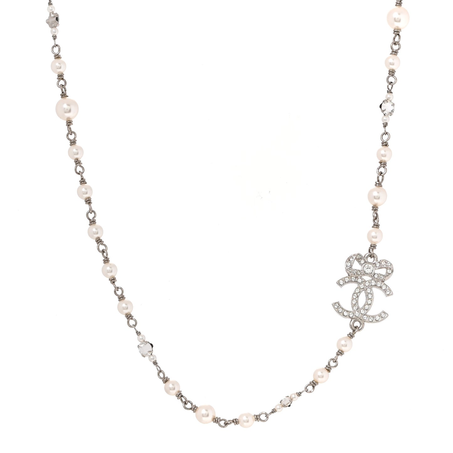 Pearl Crystal CC Bow Choker Necklace Silver Pearly White