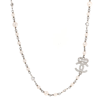Chanel Pearl Crystal CC Bow Choker Necklace Silver Pearly White 1 of 5