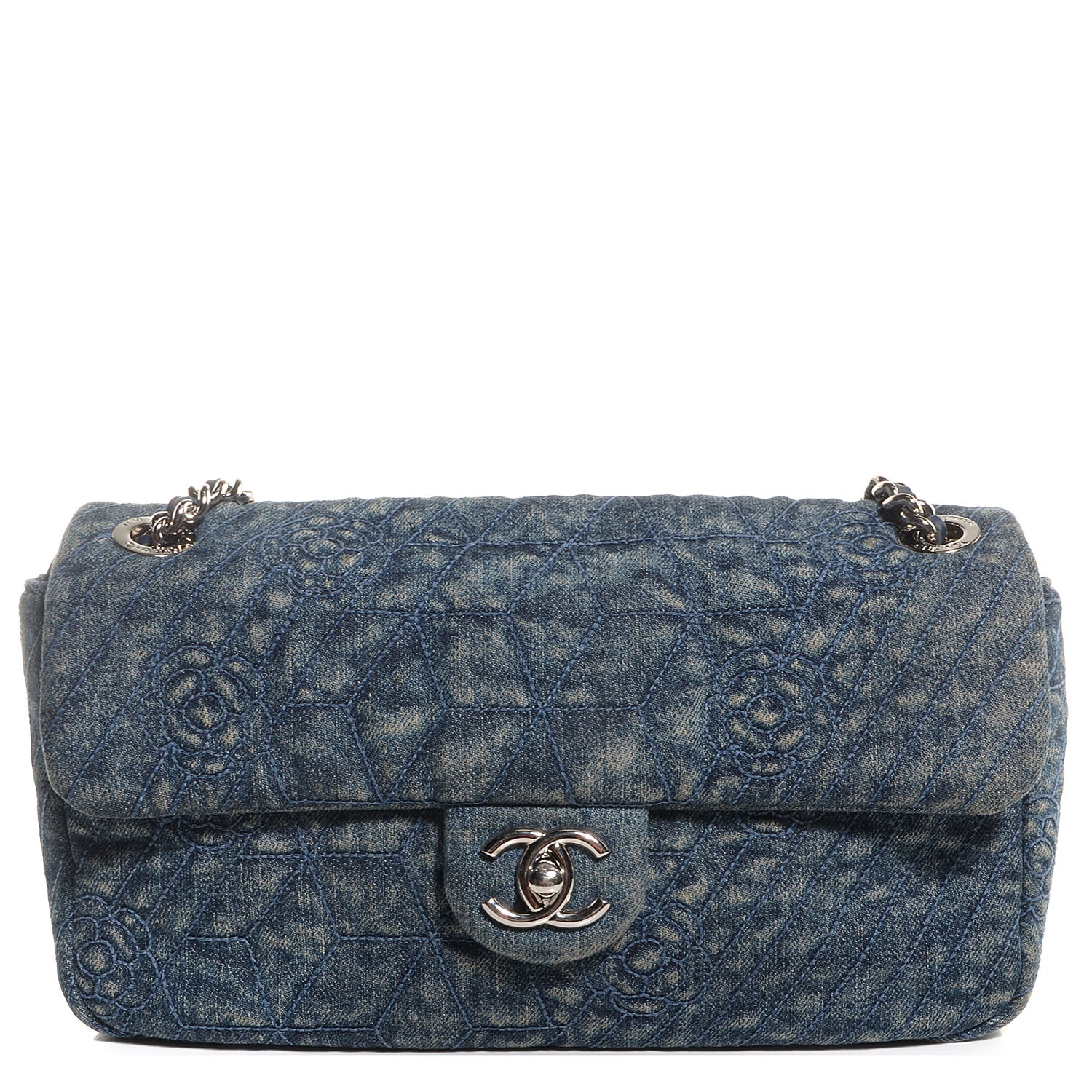 Chanel Denim Camellia Embroidered Flap Dark Blue 1 of 8