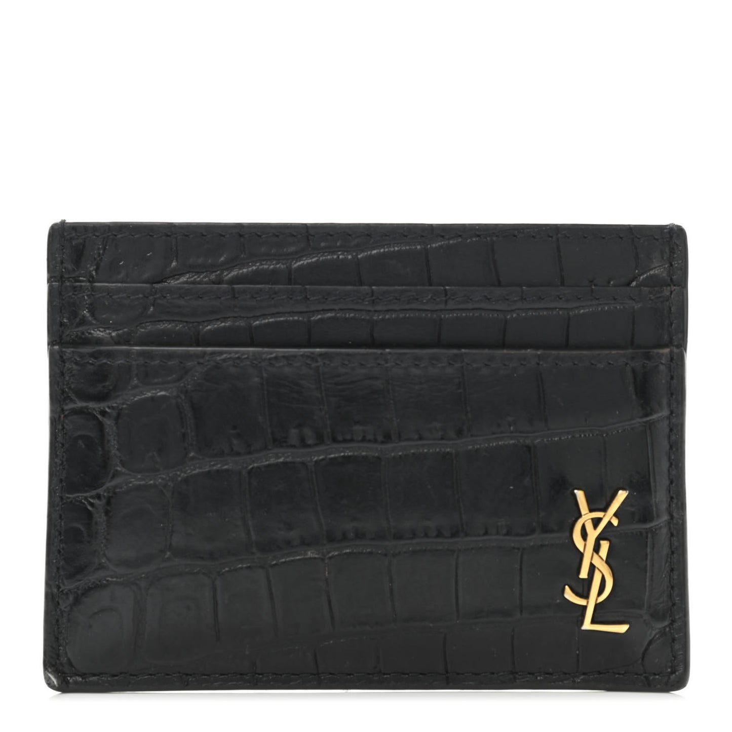 Calfskin Crocodile Embossed Monogram Tiny Cassandra Credit Card Case Black