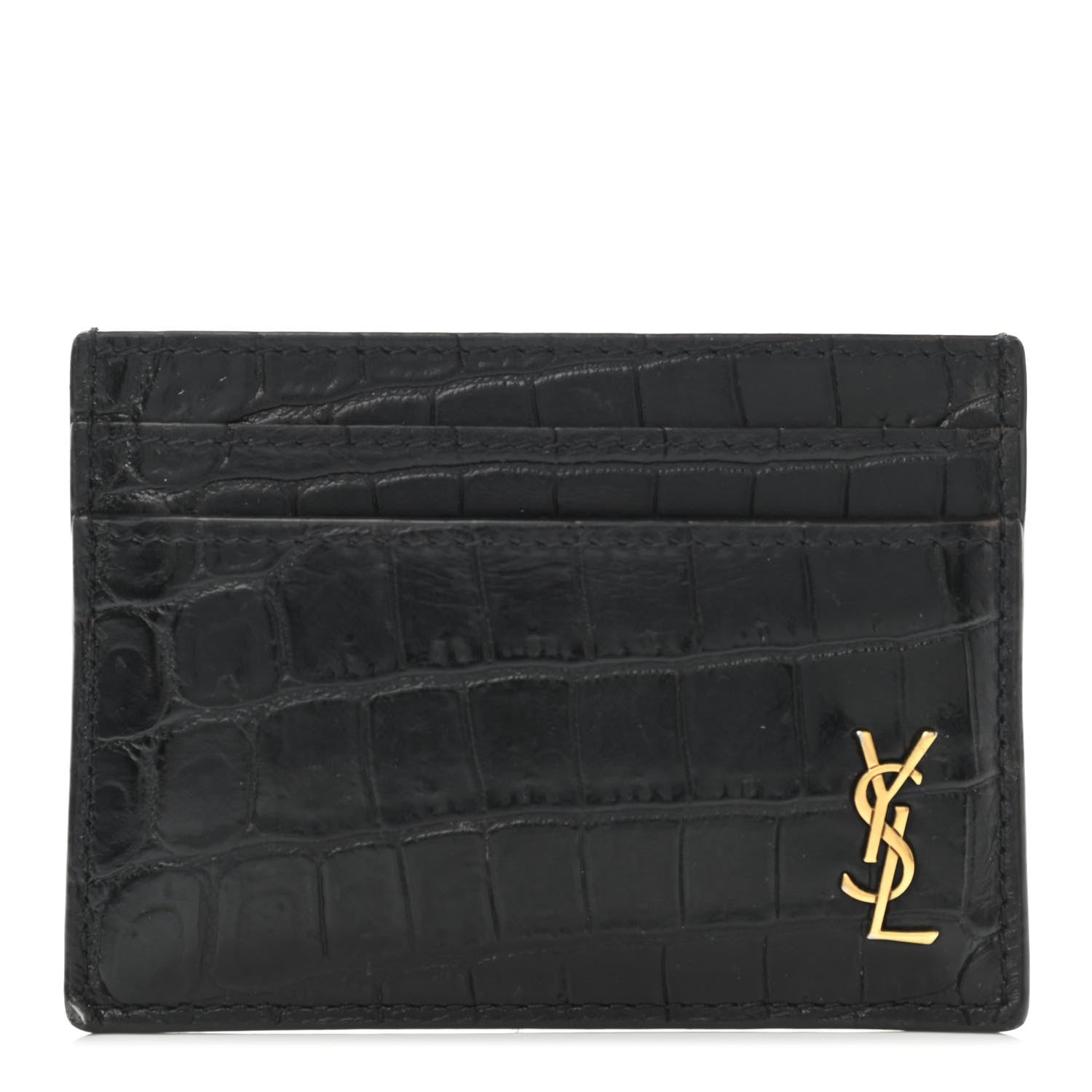 Saint Laurent Calfskin Crocodile Embossed Monogram Tiny Cassandra Credit Card Case Black 1 of 4