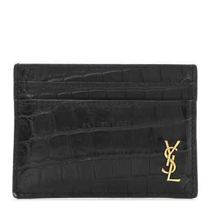 Saint Laurent Calfskin Crocodile Embossed Monogram Tiny Cassandra Credit Card Case Black 1 of 4