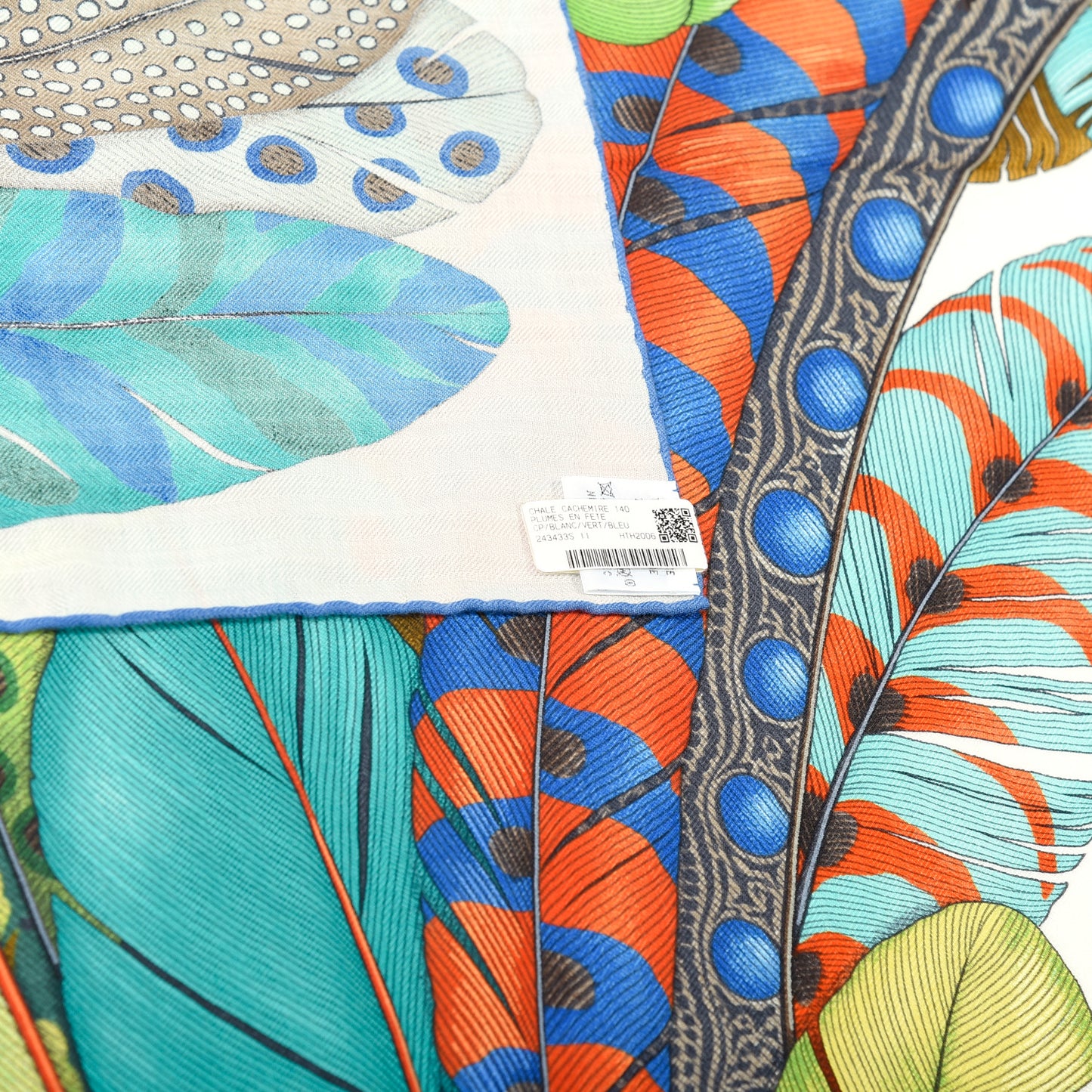 Cashmere Silk Plumes En Fete Shawl 140 White Vert Blue
