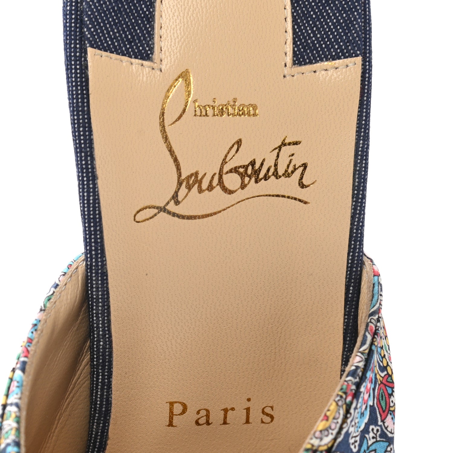 Christian Louboutin Satin Paisley Denim Moniquissima 120 Platform Slide Sandals 39 Positano Blue 7 of 8