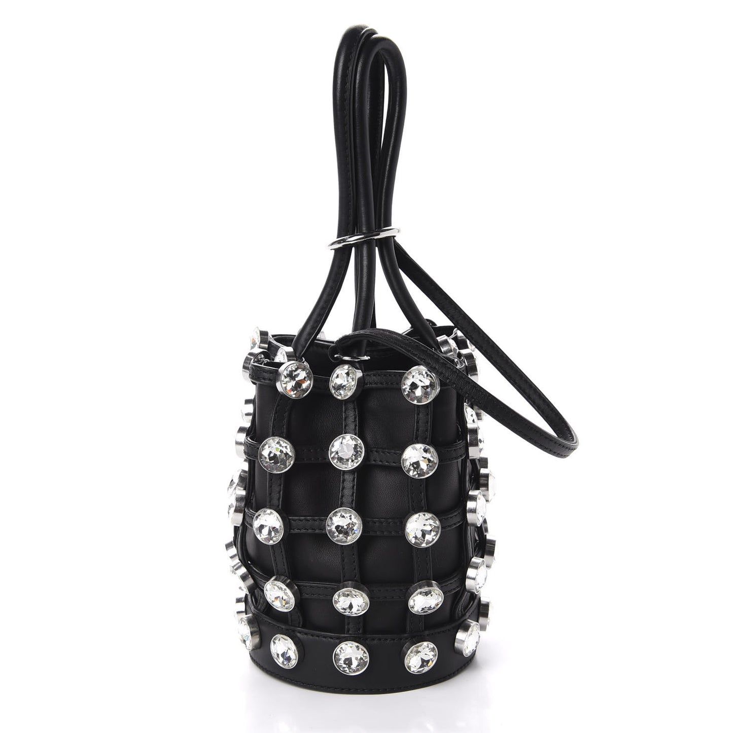 Calfskin Crystal Embellished Roxy Mini Bucket Bag Black