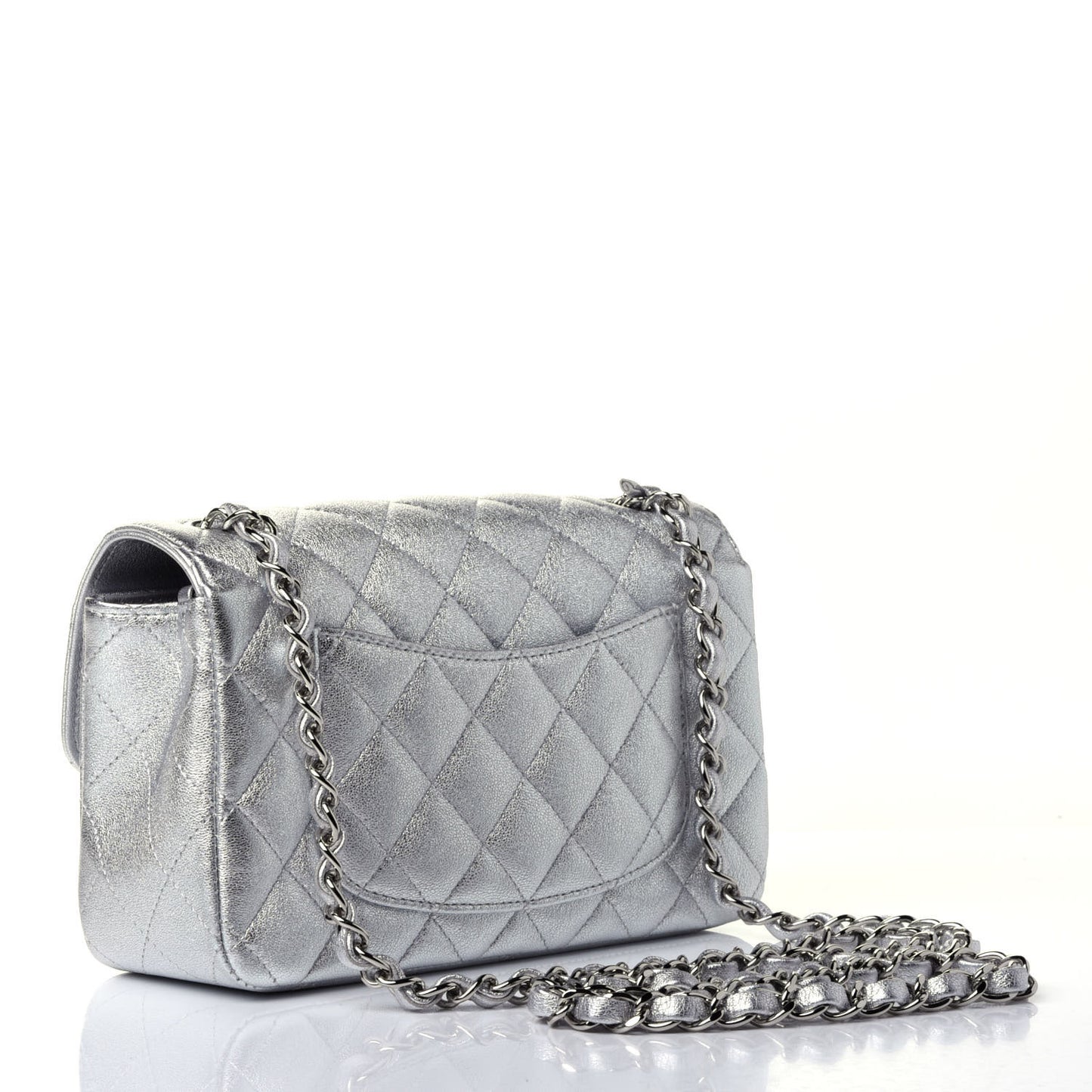 Metallic Lambskin Quilted Mini Rectangular Flap Silver