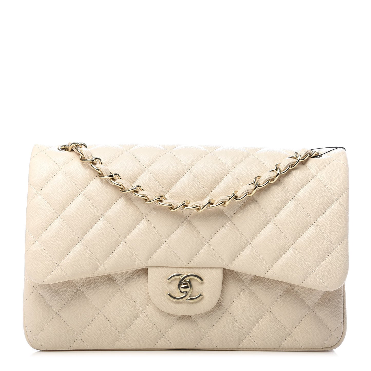 Caviar Quilted Jumbo Double Flap Beige Clair