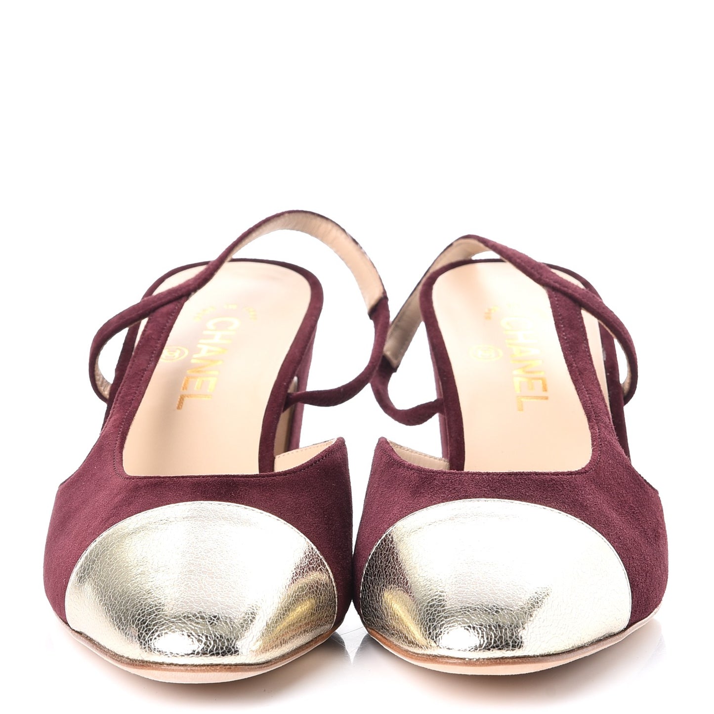 Kid Suede Metallic Lambskin Cap Toe CC Slingback Sandals 41 Burgundy Gold