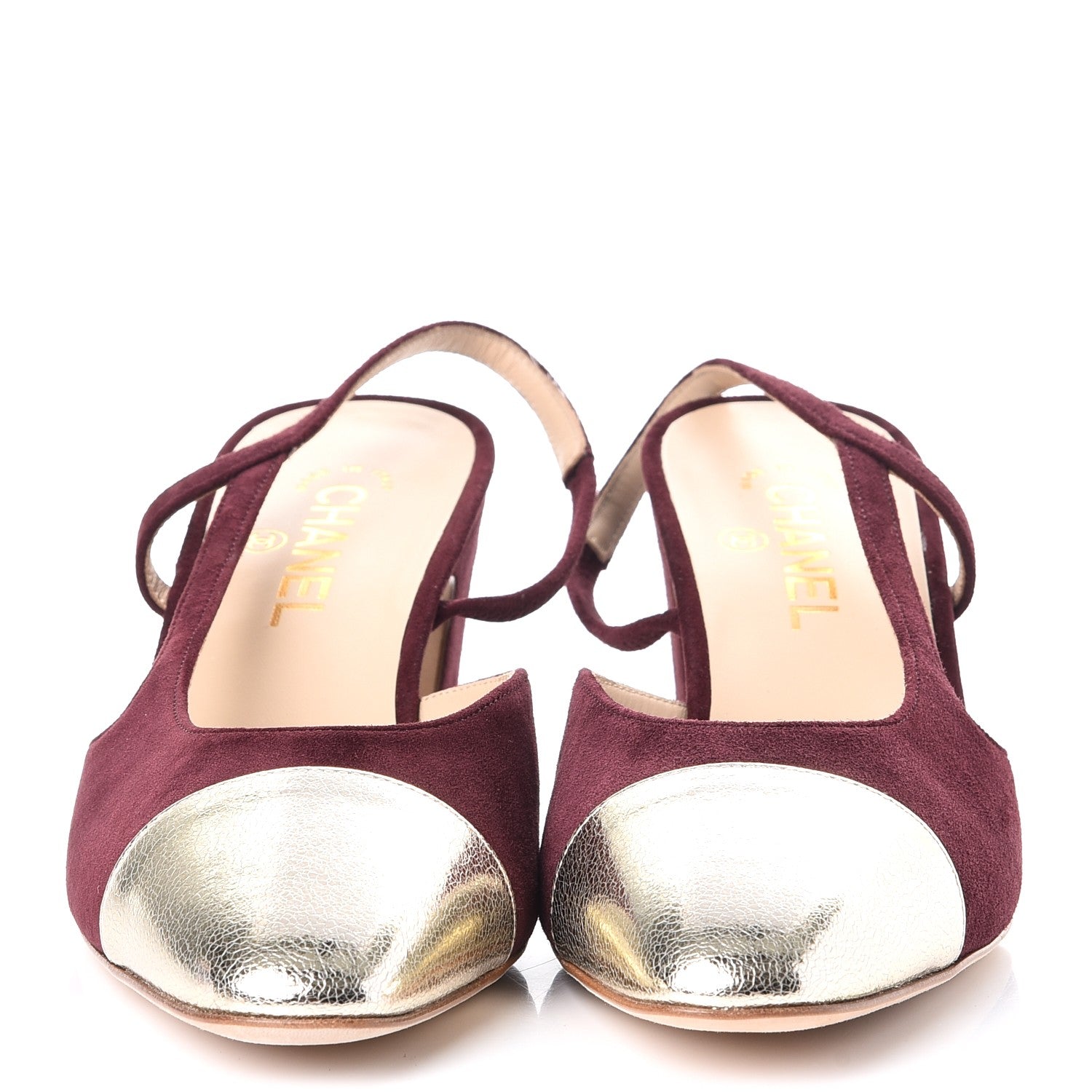 Chanel Kid Suede Metallic Lambskin Cap Toe CC Slingback Sandals 41 Burgundy Gold 2 of 9
