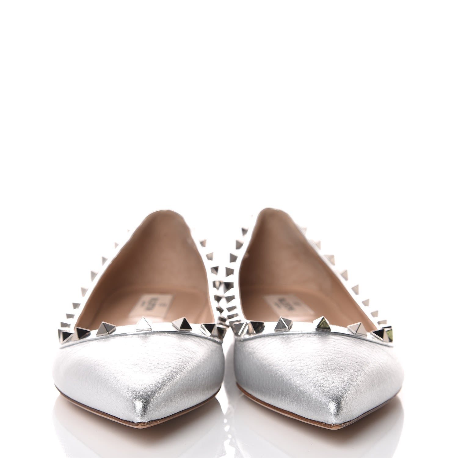 Valentino Garavani Metallic Pebbled Calfskin Rockstud Ballerina Flats 38 Silver 3 of 8